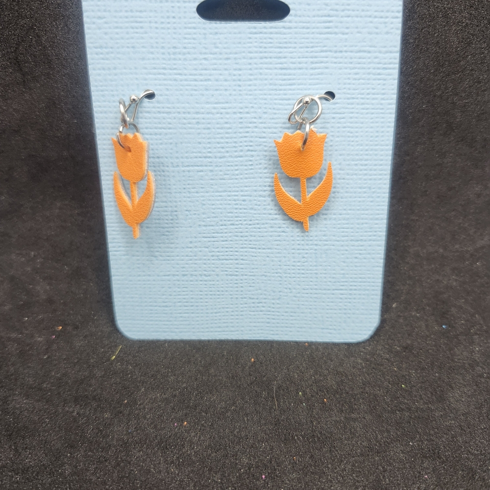 Hand Crafted Faux Leather Dangle Orange Tulip Earrings - Picture 3 of 4